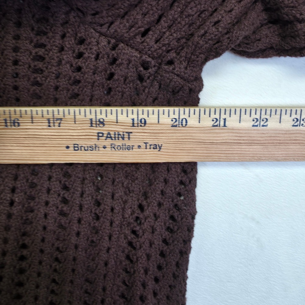 Crochet‎ Knit Cardigan Womens L Brown Open Ruffle Ribbed Layering Lounge Sweater - Picture 5 of 15